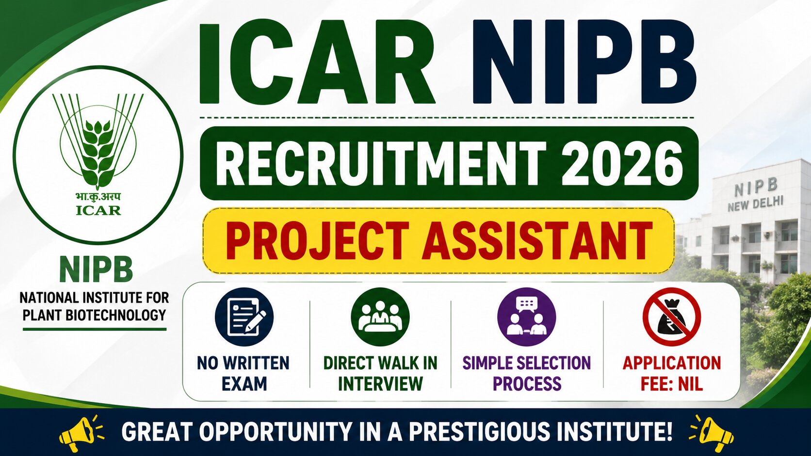 ICAR NIPB Project Assistant Recruitment 2026